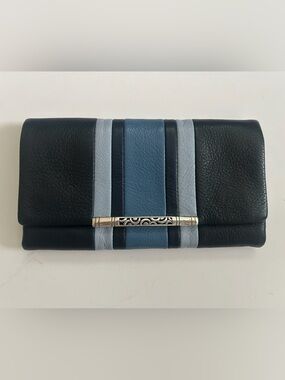 Brighton Soft Pebble Leather Blue Striped Leather Bifold- NWOT 7x4”